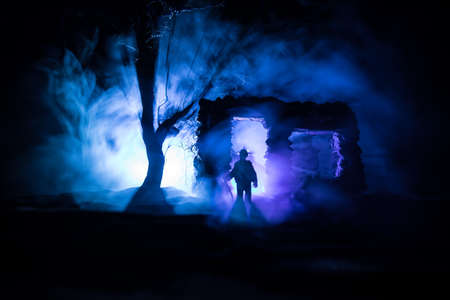 Old ruined stone house in deserted garden at night. Abandoned old mystic building with dead tree and...