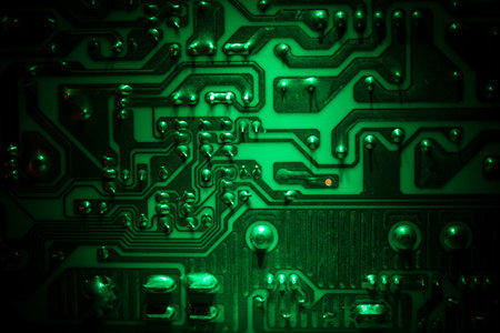 Creative concept of modern technology, inside an electronic device. Electronic circuit board close...