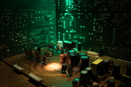 Creative concept of modern technology, inside an electronic device. Electronic circuit board close...