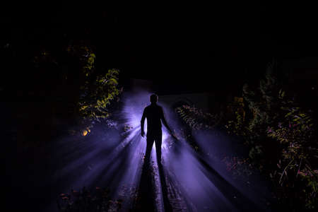 Silhouette of person standing in the dark forest with light. Horror halloween concept. strange...