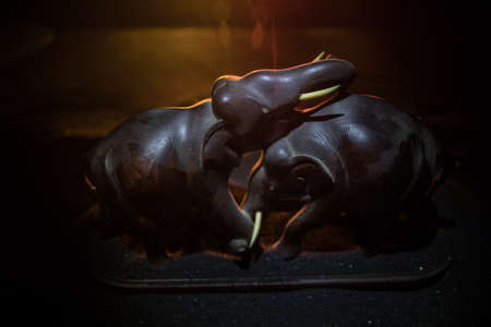 Elephant fighing silhouettes on fire background or Two elephant bulls interact and communicate while play fighting. Creative table decoration with colorful backlight with fog. Selective focusの写真素材