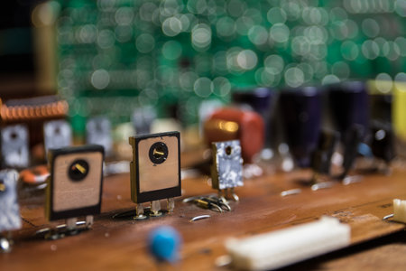 Creative concept of modern technology, inside an electronic device. Electronic circuit board close...