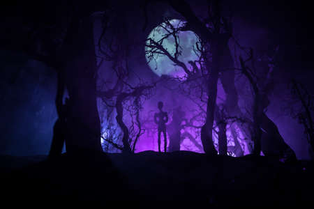 bloodthirsty zombies attacking concept. Silhouette of scary zombie walking in the dead forest at night. Creative table decorations. Selective focusの写真素材