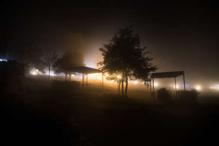 Gazebo with lights / gazebo at night / a gazebo lit up at night or Trees and street lamps on a quiet foggy night. Foggy misty evening lamps in empty road at forest.の写真素材