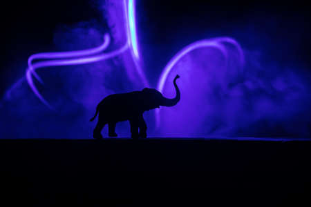 Silhouette of an elephant miniature standing at foggy night. Creative table decoration with colorful backlight with fog. Selective focusの写真素材