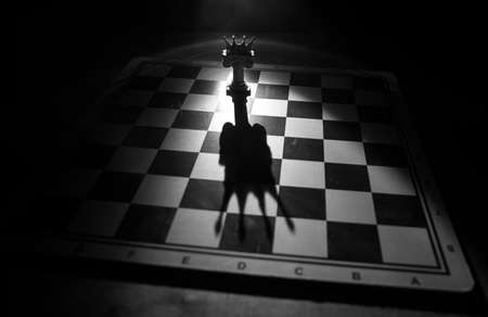 Beautiful crown miniature on chessboard. chess board game concept of business ideas and competition and strategy ideas concept. Chess figures on a dark background with smoke and fog. Selective focusの写真素材