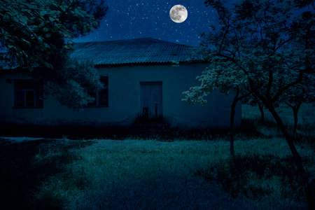 Old house with a Ghost in the forest at misty night or Night scene with House under moon. Old mystic building in dead tree forest.の写真素材
