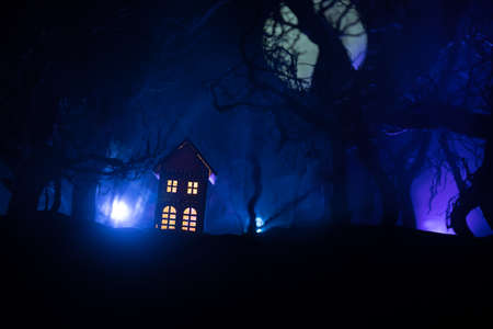 Old house with a Ghost in the forest at night or Abandoned Haunted Horror House in fog. Old mystic...