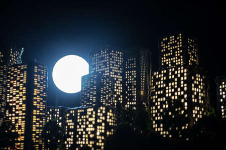 Cartoon style city buildings. Realistic city building miniatures with lights. background. Decorative...