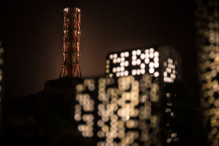 Creative artwork decoration. Chernobyl nuclear power plant at night. Layout of abandoned Chernobyl...