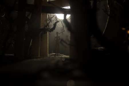 Creative artwork decoration. Abstract Japanese style wooden tunnel at night. Night scene in fantasy...