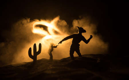 Western concept. Battle between cowboys at night. Duel to the death. Creative artwork decoration on...