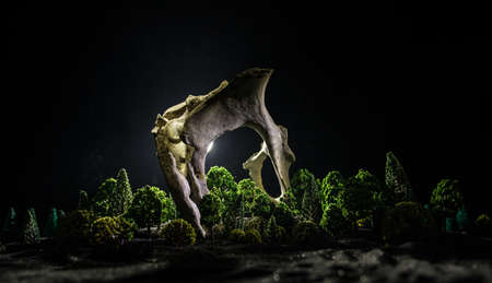 Abstract surreal concept. Giant animal bone in dark forest under moonlight. Night with fog and light...