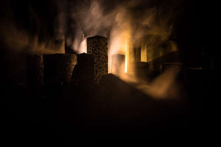 Cartoon style city buildings. Realistic city building miniatures with lights. background. Decorative city. Selective focusの写真素材