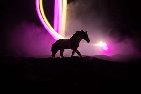 Silhouette of a horse miniature standing at foggy night. Creative table decoration with colorful backlight with fog. Selective focusの写真素材