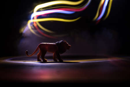 Silhouette of a lion miniature standing on wooden table. Creative decoration with colorful backlight with fog. Selective focusの写真素材