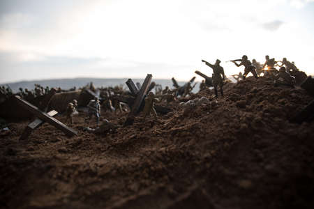 World War 2 reenactment (D-day). Creative decoration with toy soldiers, landing crafts and...