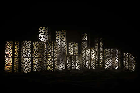 Cartoon style city buildings. Realistic city building miniatures with lights. background. Decorative city. Selective focusの写真素材