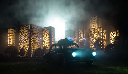 Cartoon style city buildings. Realistic city building miniatures with lights. background. Miniature...