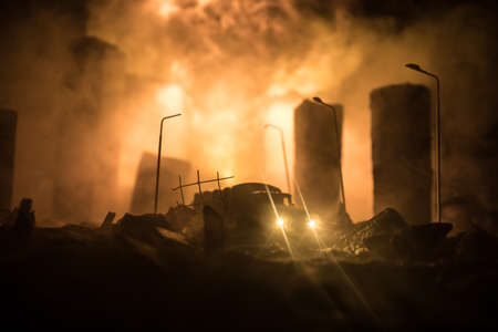 Empty street of burnt up city, flames on the ground and blasts with smoke in the distance....