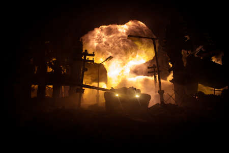 Nuclear war apocalypse concept. Explosion of nuclear bomb in city. City destroyed by atomic war....