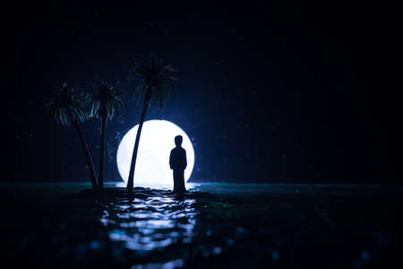 Romantic night scene. Fantasy night landscape with little island with palms and full moon over sea....
