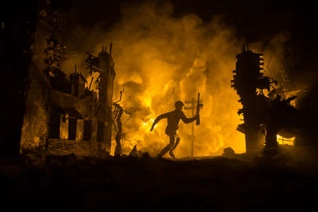 War Concept. Military silhouettes fighting scene on war fog sky background, World War Soldiers...