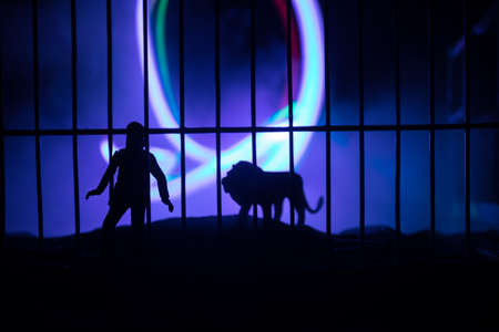 Silhouette of a lion miniature standing in a zoo cage with scared man ready to attack. Creative...