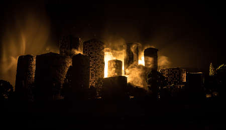 Cartoon style city buildings. Realistic city building miniatures with lights. background. Decorative...