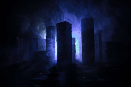 Empty street of burnt up city, flames on the ground and blasts with smoke in the distance....