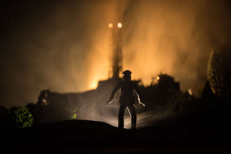 Creative artwork decoration. Chernobyl nuclear power plant at night. Layout of abandoned Chernobyl station after nuclear reactor explosion. Selective focusの写真素材