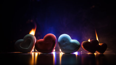 Valentines background. Valentine's Day heart on a dark wooden table. Burning hearts. Heart in fire. Dark toned foggy background. Selective focusの写真素材
