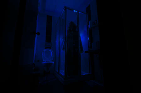 Horror silhouette of woman in window. Scary halloween concept Blurred silhouette of witch in bathroom. Long exposure shotの写真素材