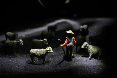 Sheep in the farm. Group of sheep silhouettes at the field. Decorative toy figures at night. Selective focusの写真素材