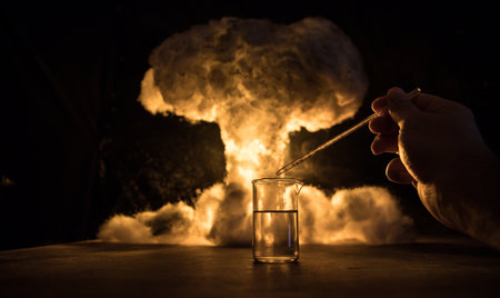 Pharmacy and chemistry theme. Test glass flask with solution in research laboratory. Science and...