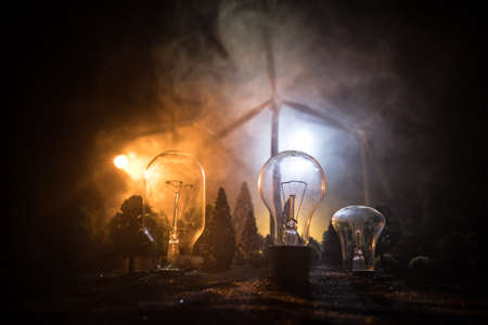 Electricity power in nature or clean energy concept. Wind Turbine producing alternative energy at night. Glowing bulb powered by alternative energy. Selective focusの写真素材