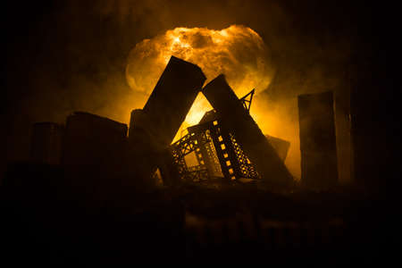 Nuclear war concept. Explosion of nuclear bomb. Apocalyptic view of city downtown after bombing....