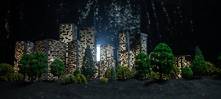 Cartoon style city buildings. Realistic city building miniatures with lights. background. Decorative city. Selective focusの写真素材