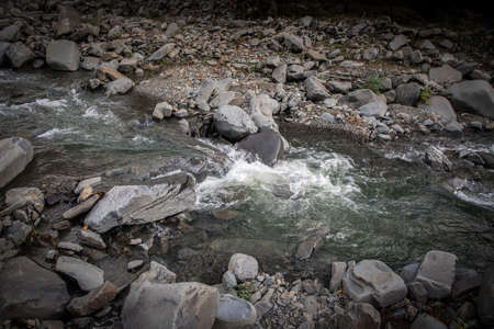 Mountain river on a sunny morning. Beautiful nature in the mountains. Azerbaijan Caucasus nature.
