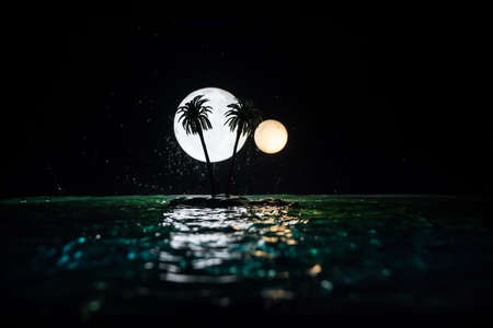 Romantic night scene. Fantasy night landscape with little island with palms and full moon over sea. Table decoration with two moon miniatures. Fantasy tropical beach. Selective focus.の写真素材