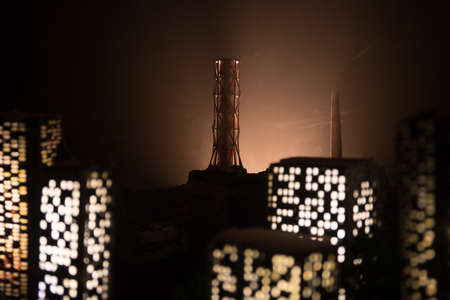 Creative artwork decoration. Chernobyl nuclear power plant at night. Layout of abandoned Chernobyl station after nuclear reactor explosion. Selective focusの写真素材