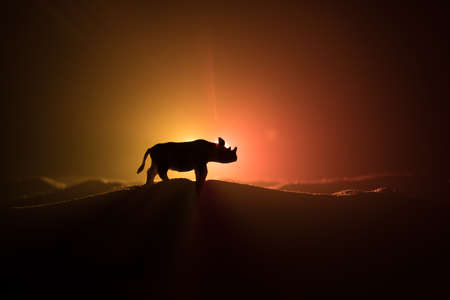 Silhouette of a Rhino miniature standing at foggy night. Creative table decoration with colorful backlight with fog. Selective focusの写真素材