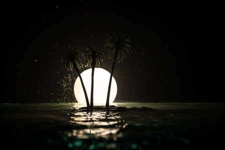 Romantic night scene. Fantasy night landscape with little island with palms and full moon over sea. Creative table decoration. Fantasy tropical beach. Selective focus.の写真素材