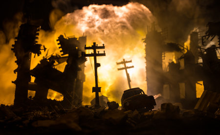 Nuclear war apocalypse concept. Explosion of nuclear bomb in city. City destroyed by atomic war. Creative artwork decoration in dark. Selective focusの写真素材