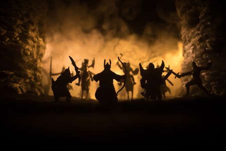 Medieval battle scene with cavalry and infantry. Silhouettes of figures as separate objects, fight...