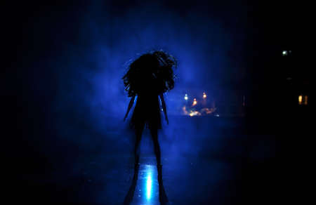 Silhouette of a female face on a light background. SIlhouette of a lonely doll with long hair at night blue lights on foggy background. Selective focusの写真素材
