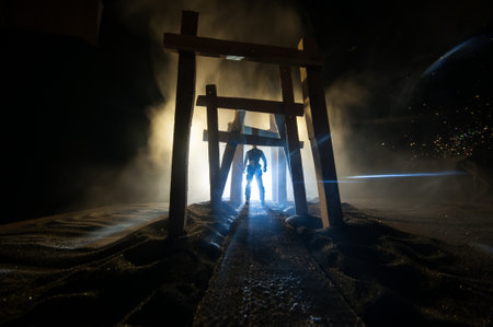 Creative artwork decoration. Abstract Japanese style wooden tunnel at night. Night scene in fantasy...