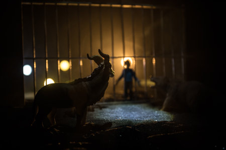 People and animals on opposite sides of the fence concept. Creative decoration with toy figures. Burning colorful background. Selective focus.の写真素材