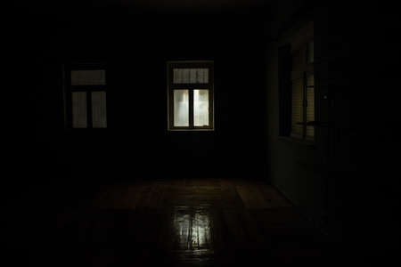 Night scene of moon seen through the window from dark room. Realistic dollhouse miniature decorated....