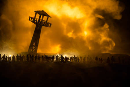 Creative artwork decoration - Russian war in Ukraine concept. Crowd looking at giant explosion and...